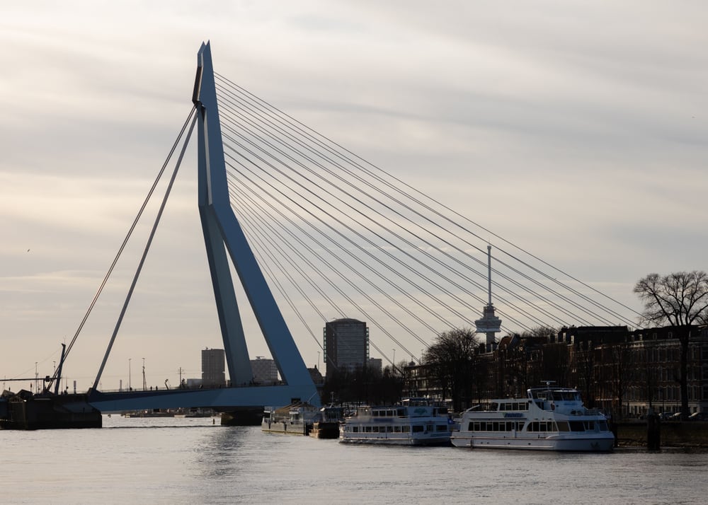 De Erasmusbrug over de Maas in Rotterdam, met afgemeerde boten en huizen aan de kade